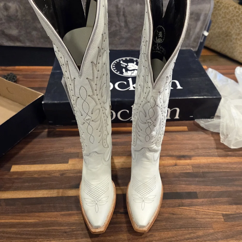 Rock'em NIB Paulina Tall Wide Calf Boots Size 7 White Womens 100% Leather - Picture 7 of 12
